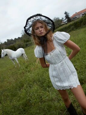 For Love And Lemons White Eyelet Puff Sleeve Mini Dress with Black Bonnet Accent